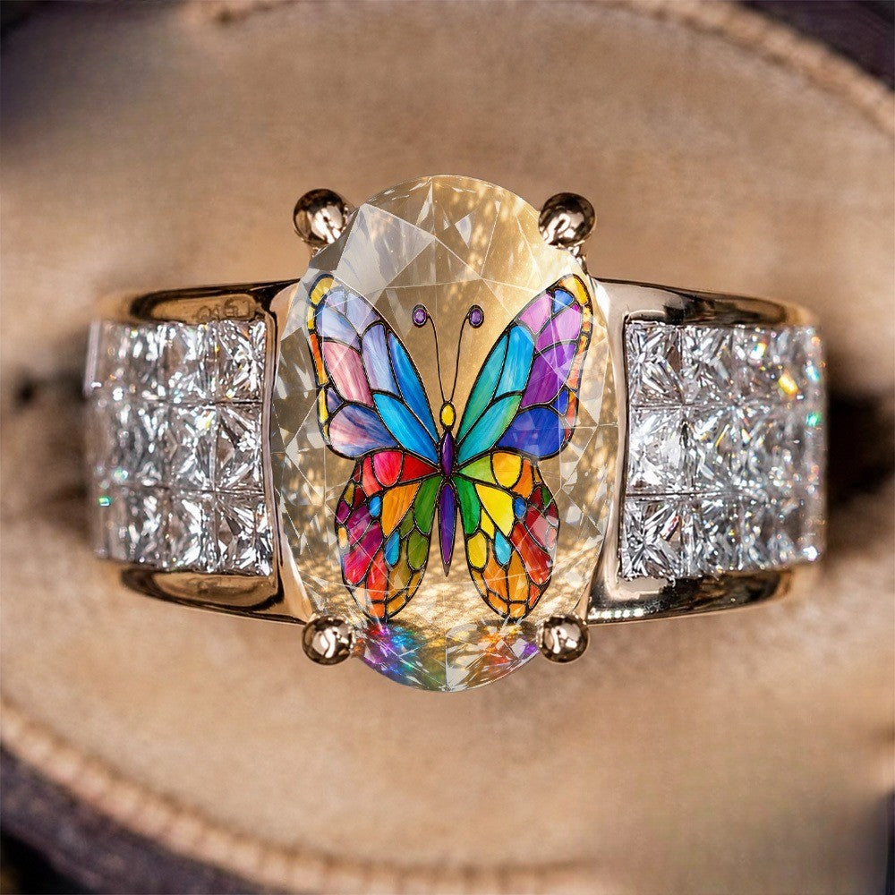 Translucent Painted Butterfly Oval Ring