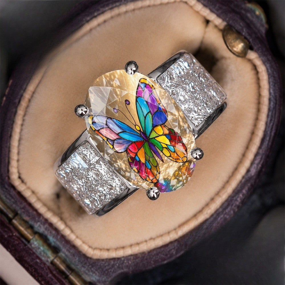 Translucent Painted Butterfly Oval Ring