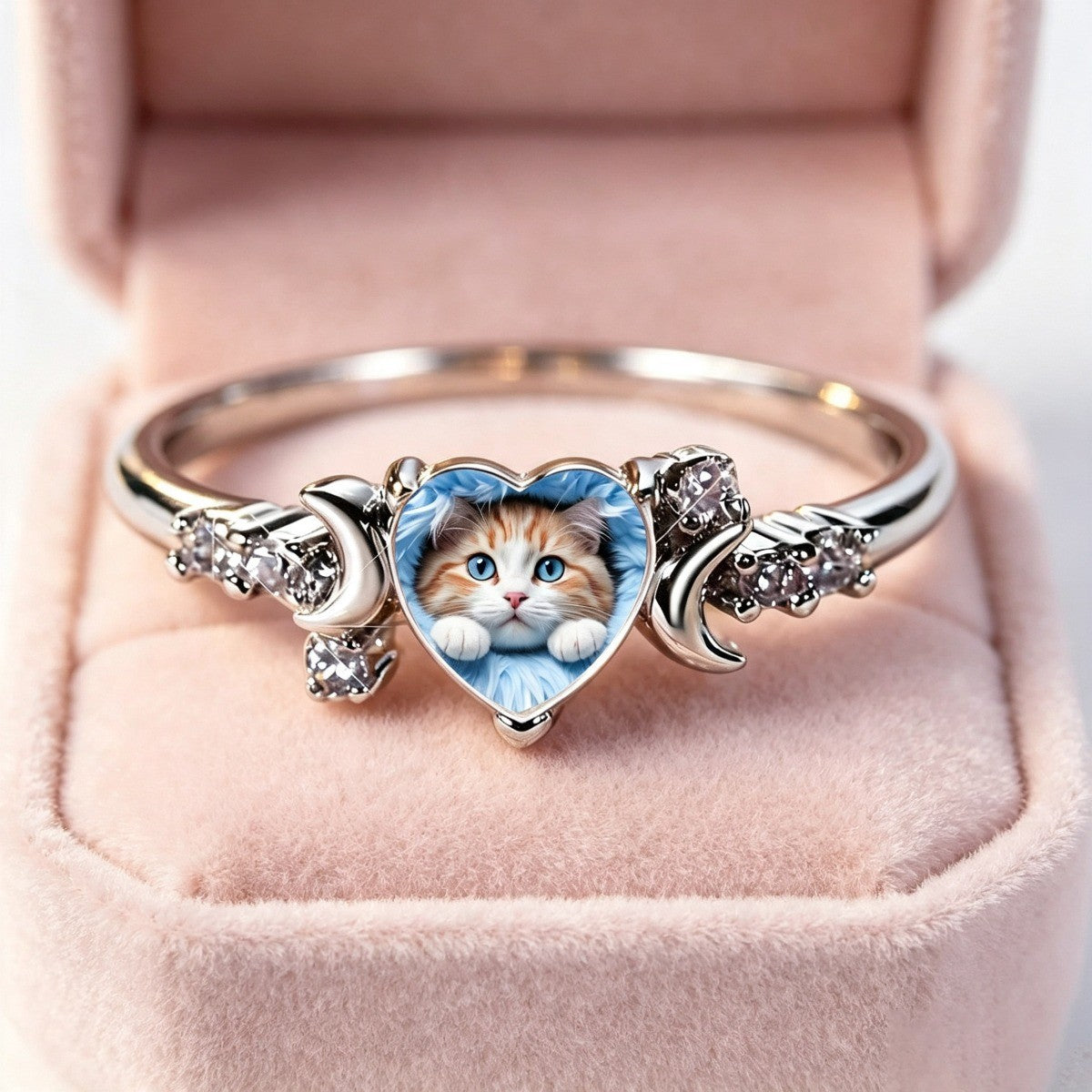 Cat Heart Moon Ring