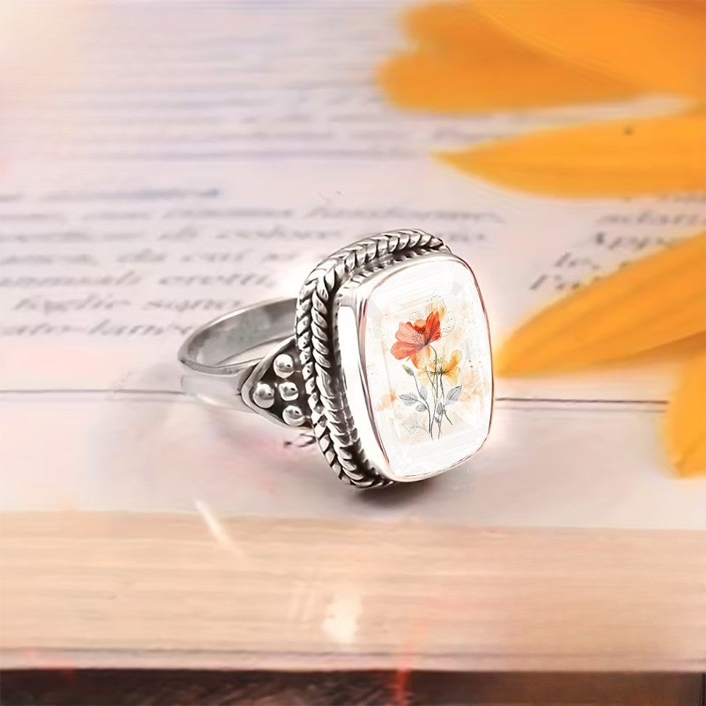 Orange Floral Square Statement Ring