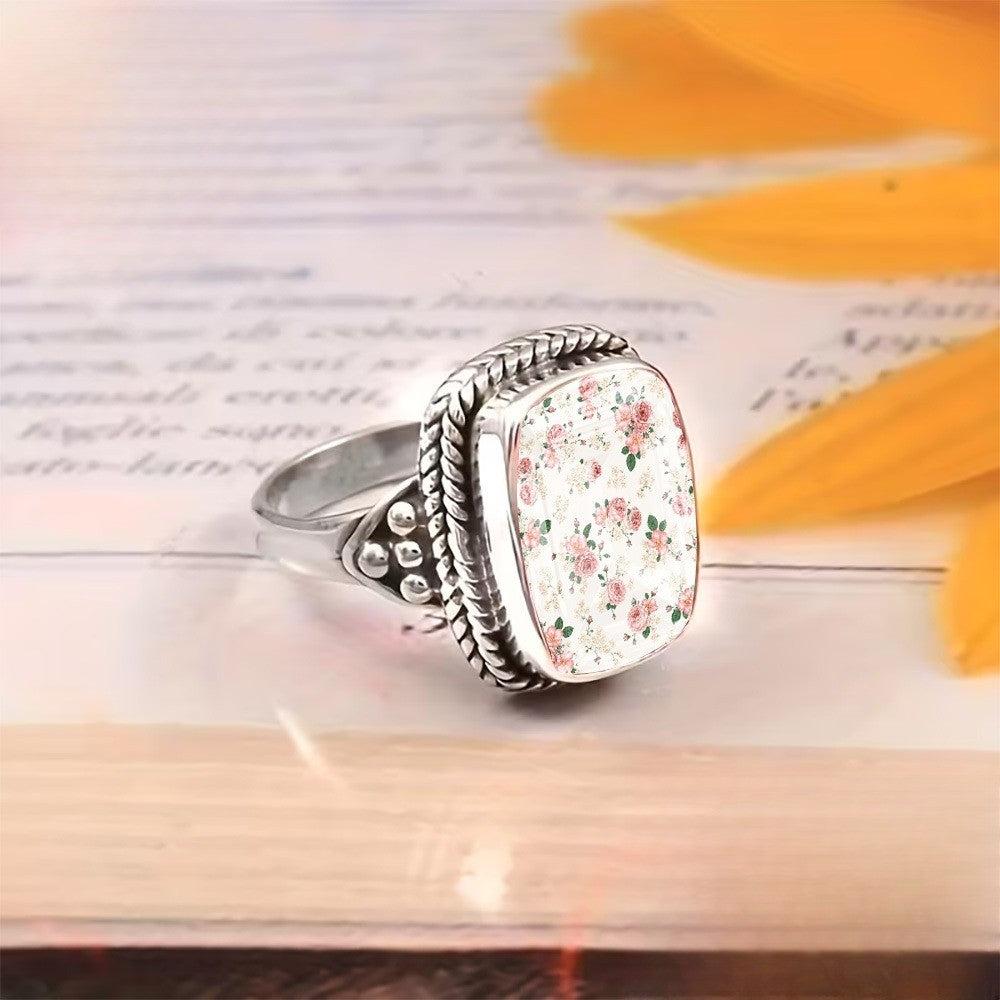 Pink Floral Rope Edge Square Ring