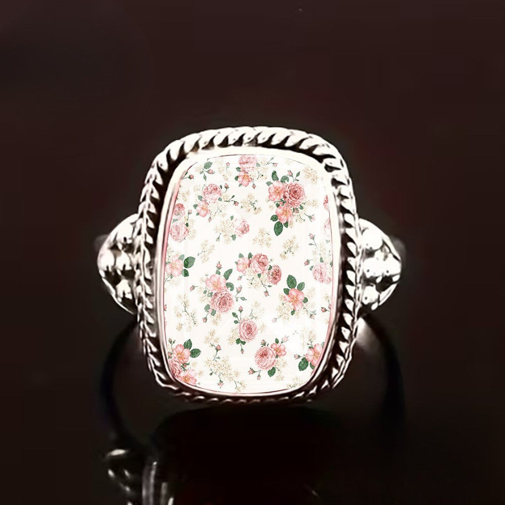Pink Floral Rope Edge Square Ring