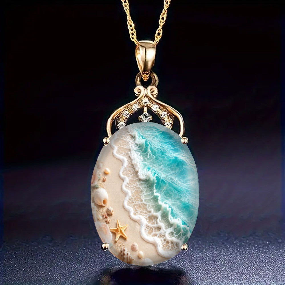 Beach Scene Oval Pendant Necklace