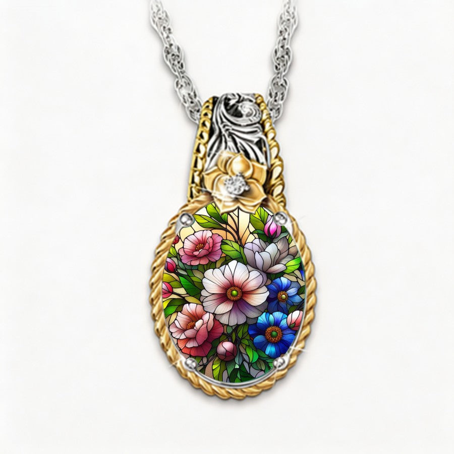Stained Glass Floral Teardrop Necklace
