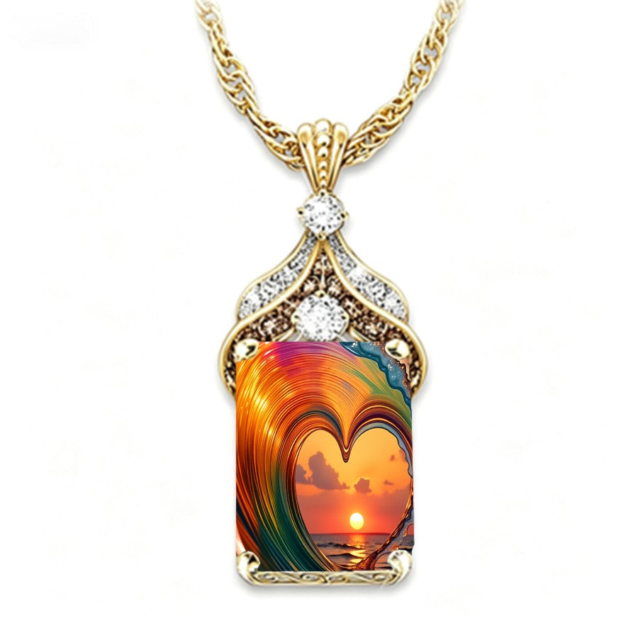 Sunset Heart Wave Pendant Necklace