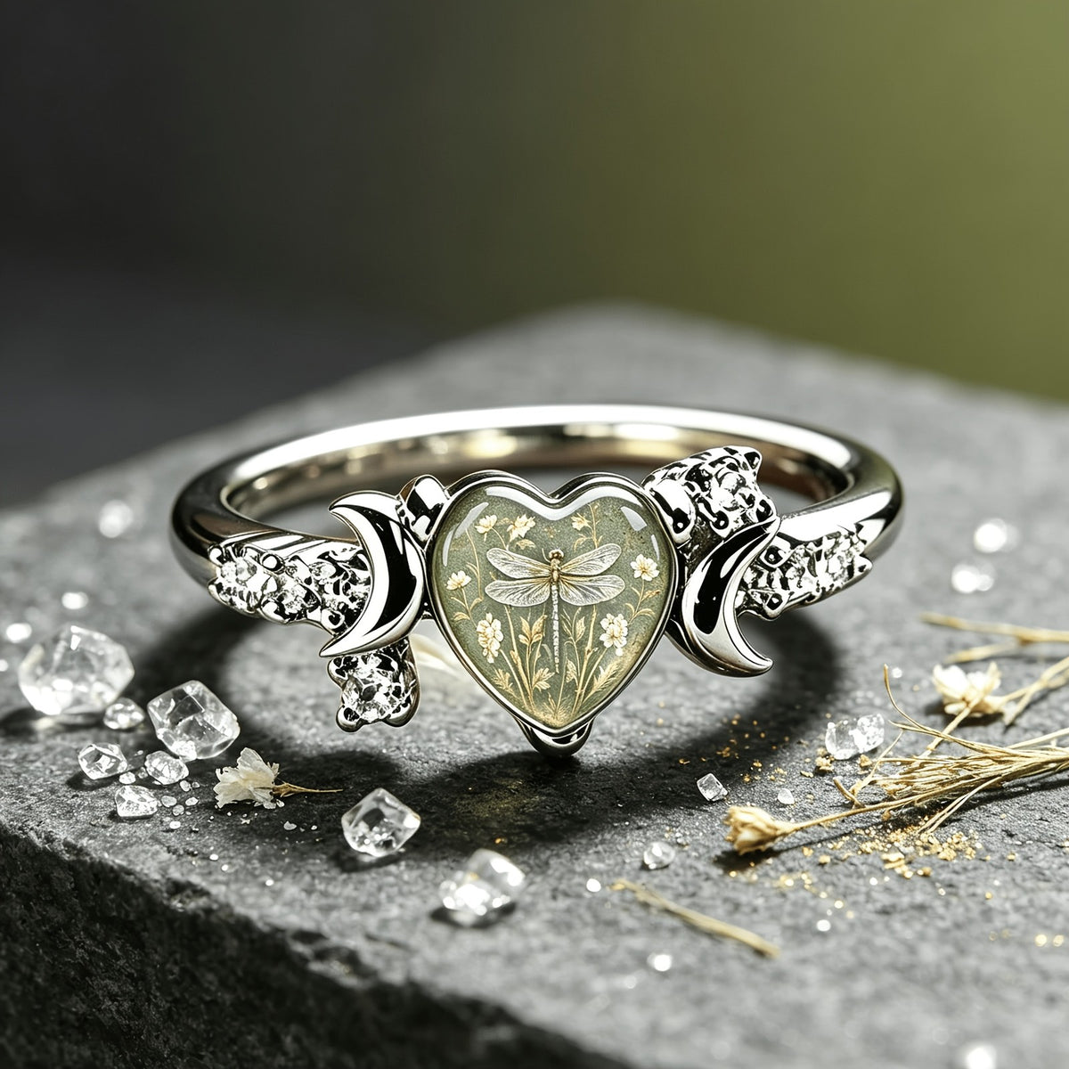 Vintage Floral Dragonfly Heart Ring