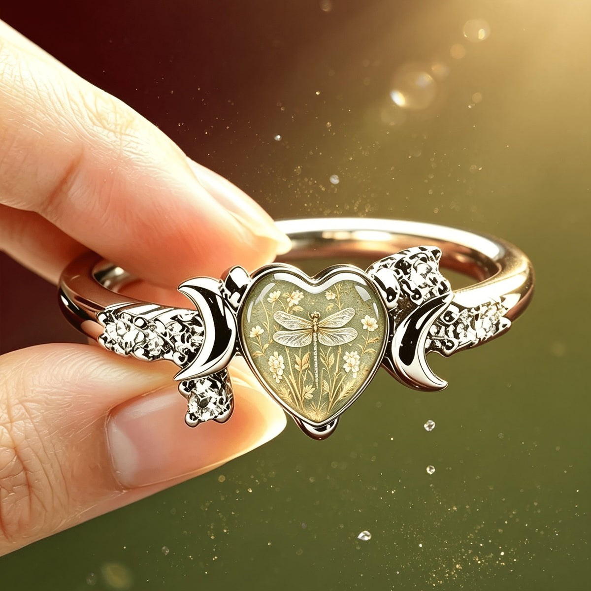 Vintage Floral Dragonfly Heart Ring