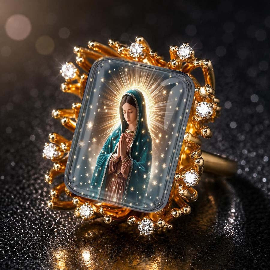 Teal Praying Figure Halo Square Ring