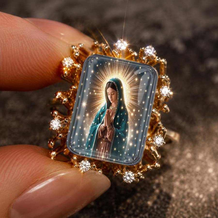 Teal Praying Figure Halo Square Ring