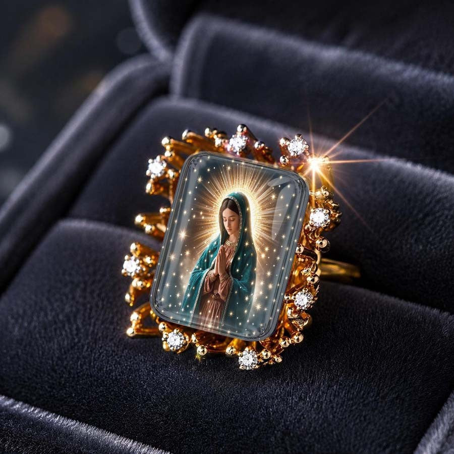 Teal Praying Figure Halo Square Ring