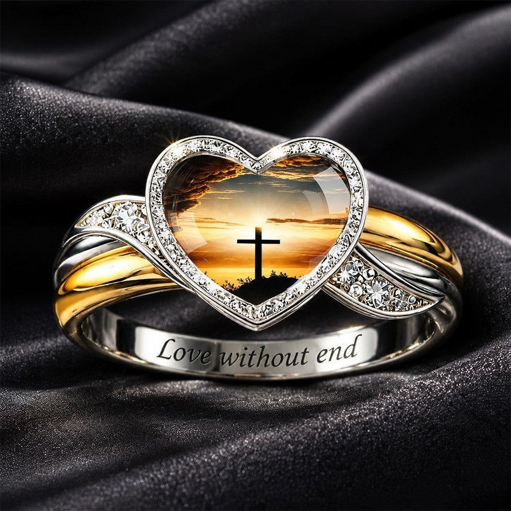 Sunset Cross Heart Split Shank Ring