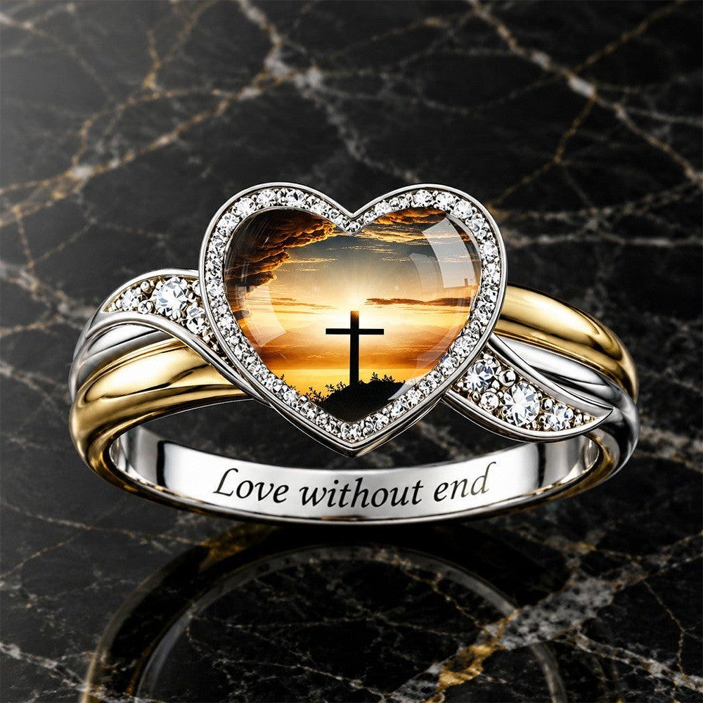 Sunset Cross Heart Split Shank Ring