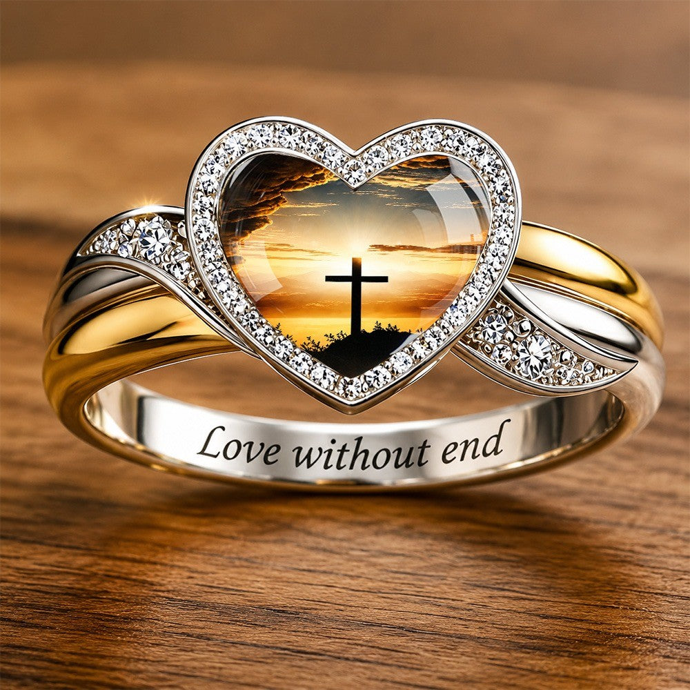 Sunset Cross Heart Split Shank Ring