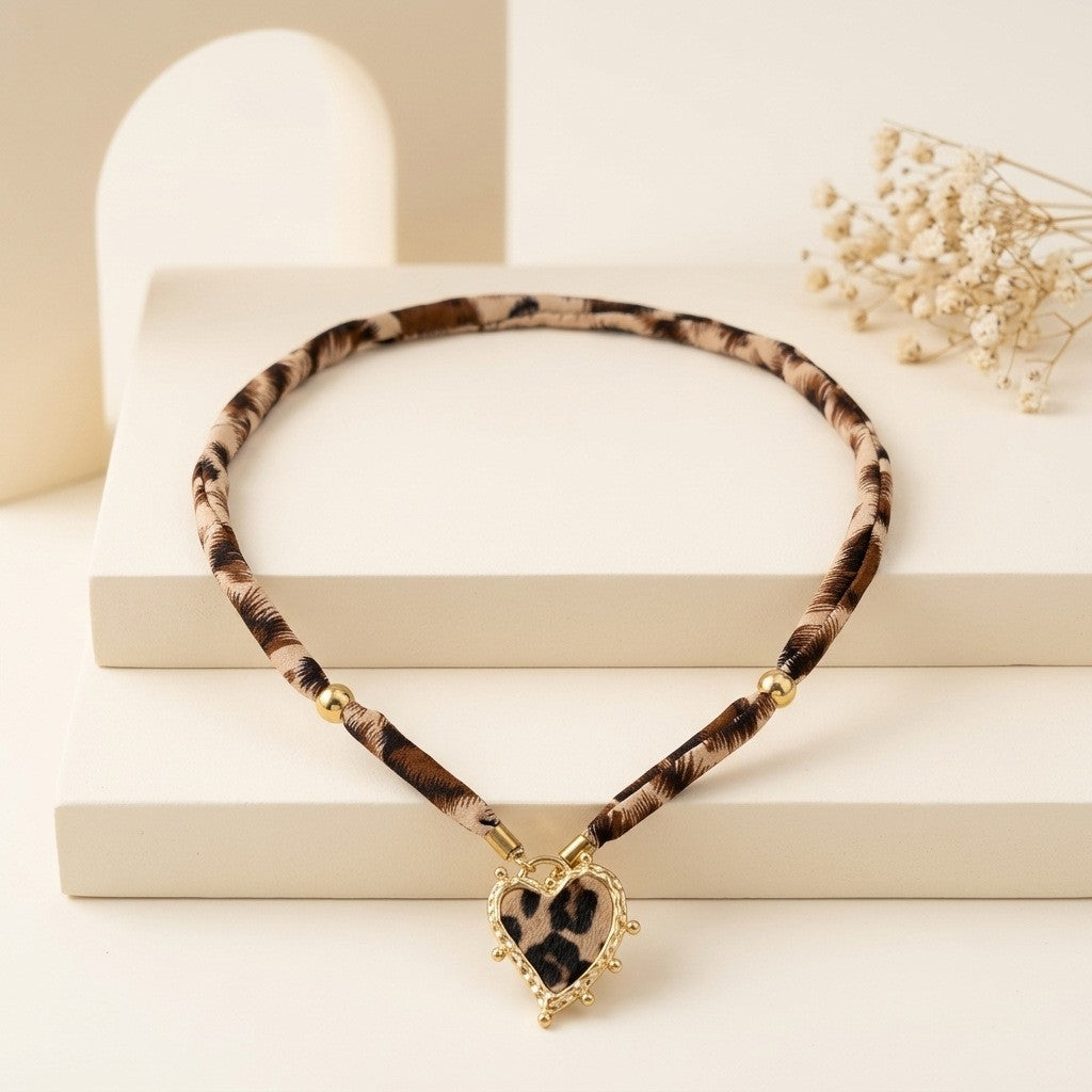 Leopard Print Fabric Heart Necklace