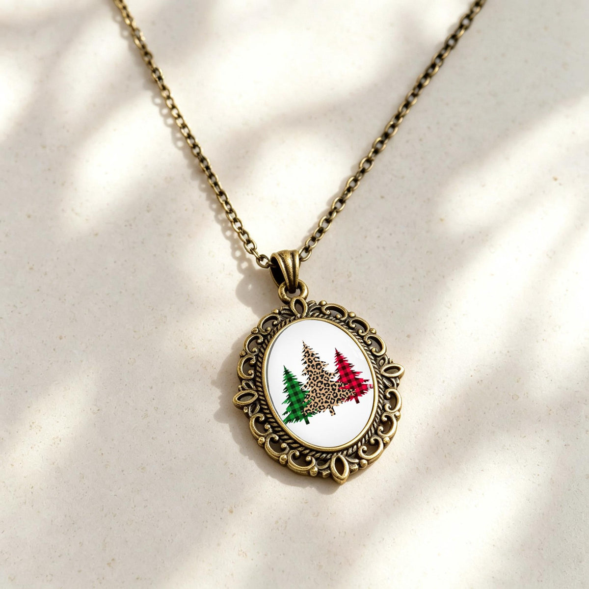 Leopard Christmas Tree Oval Pendant Necklace