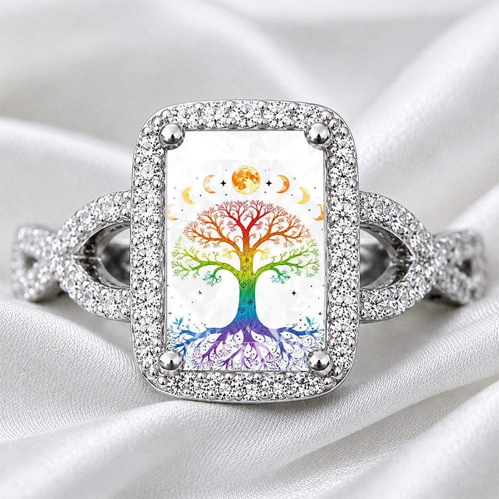 Rainbow Tree of Life Moon Phase Square Ring