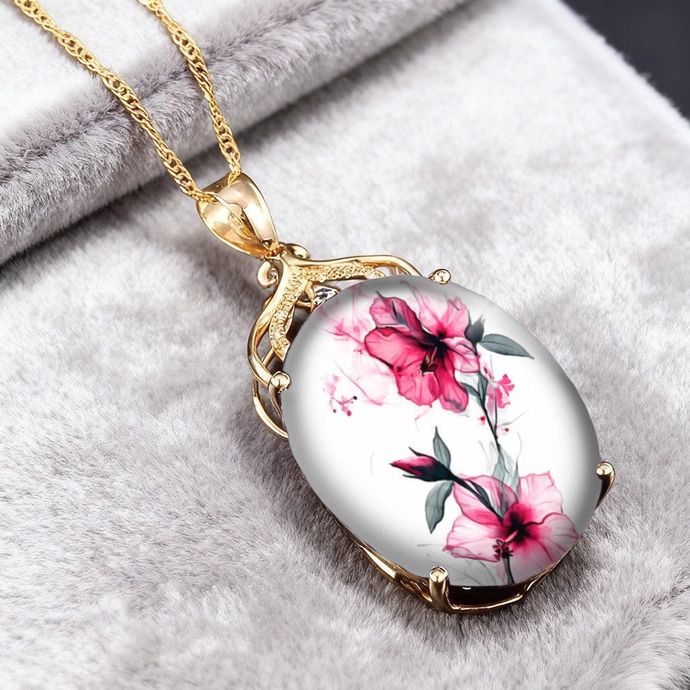 Red Hibiscus Watercolor Oval Necklace