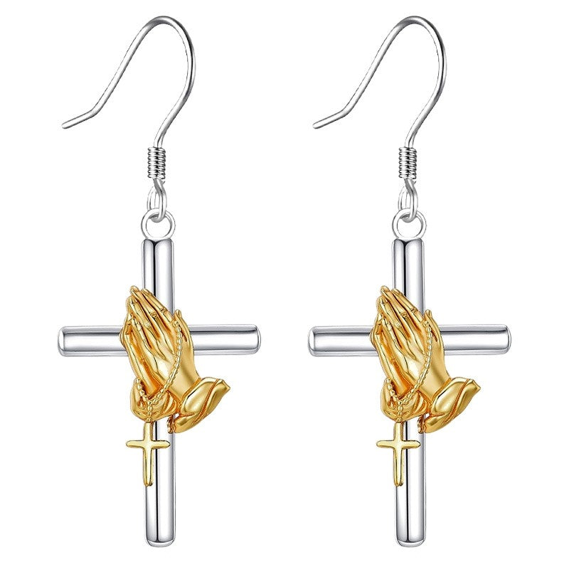Two-Tone Praying Hands Cross Drop Earrings