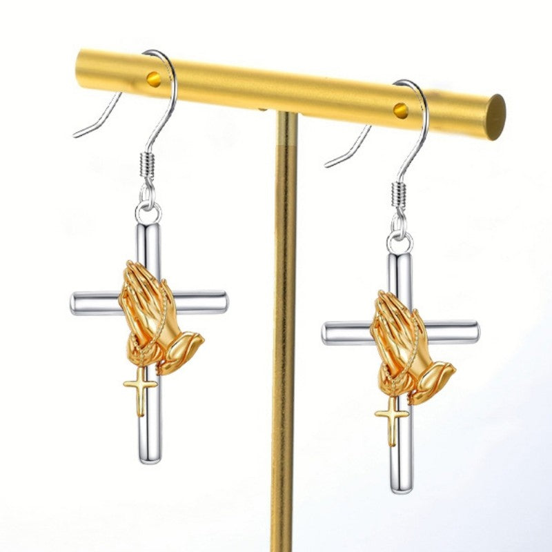 Two-Tone Praying Hands Cross Drop Earrings