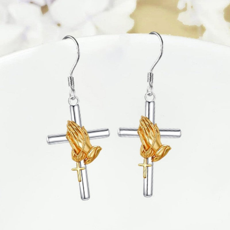 Two-Tone Praying Hands Cross Drop Earrings