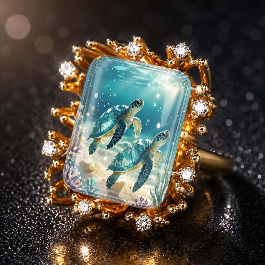 Sea Turtle Glass Square Ring