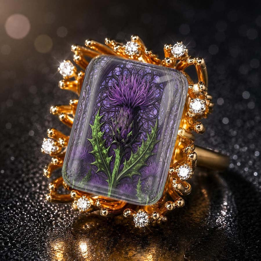 Purple Thistle & Crystal Square Ring