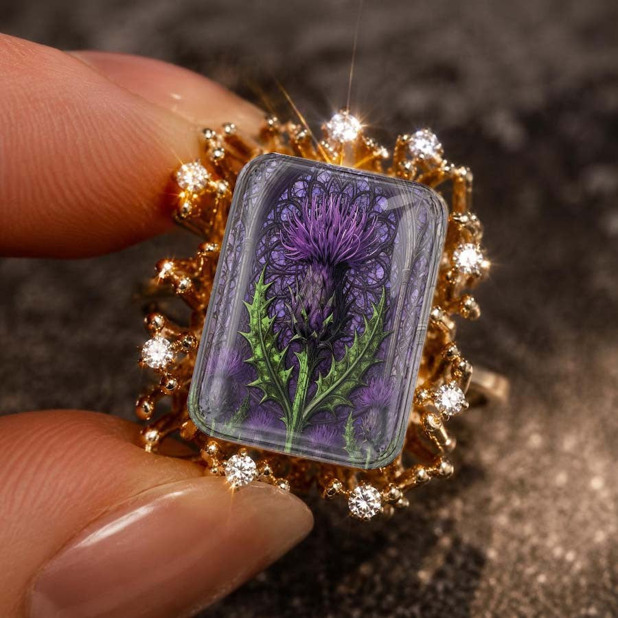 Purple Thistle & Crystal Square Ring