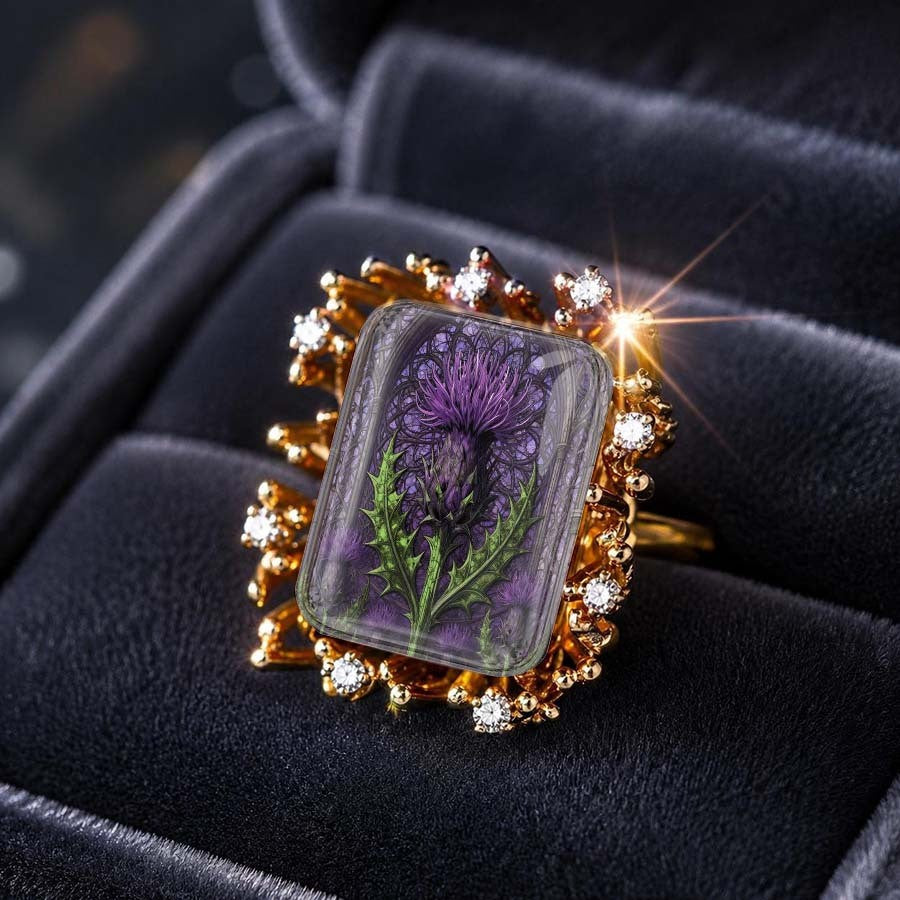 Purple Thistle & Crystal Square Ring