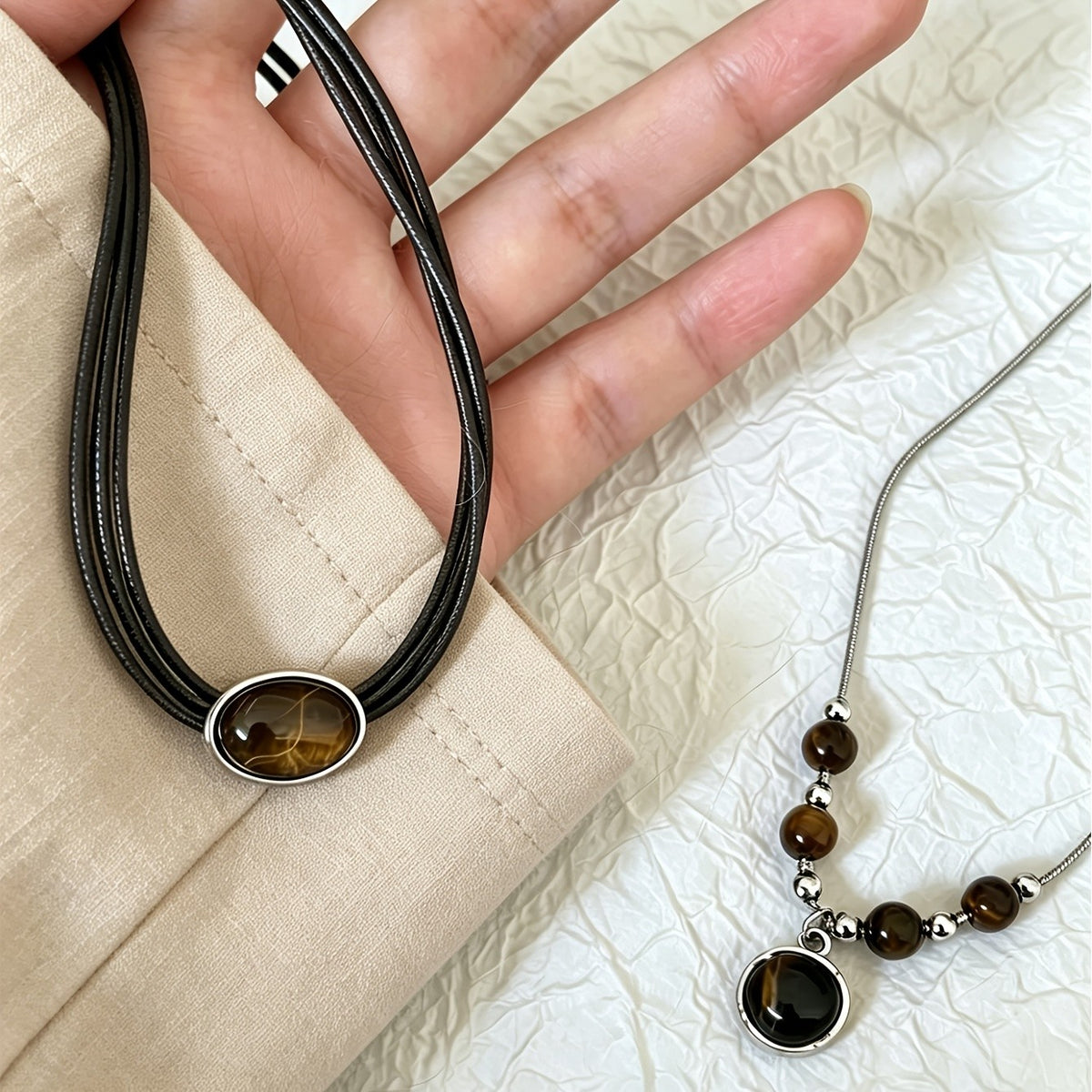 Brown Stone Layered Necklace Set