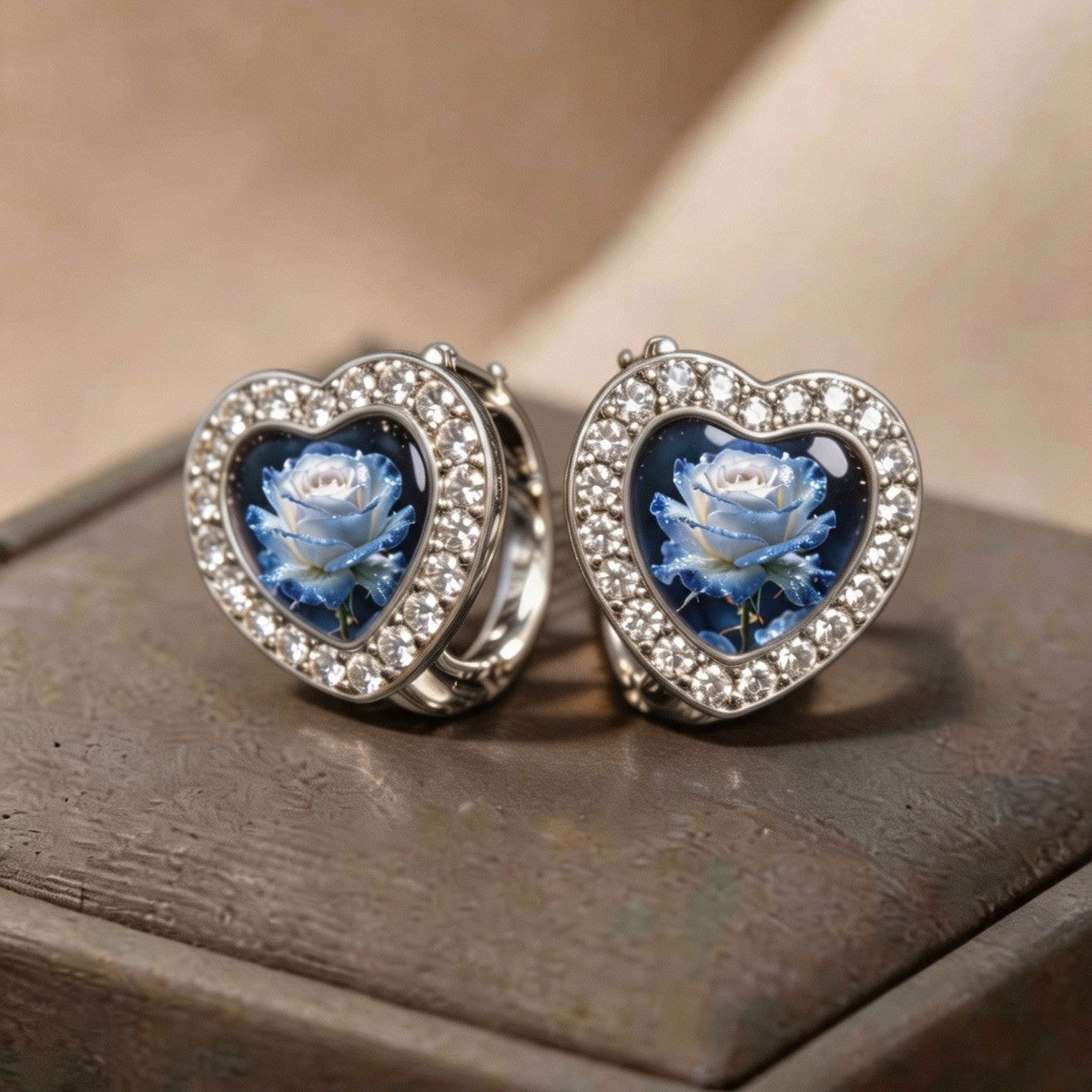 Blue Rose Heart Earrings