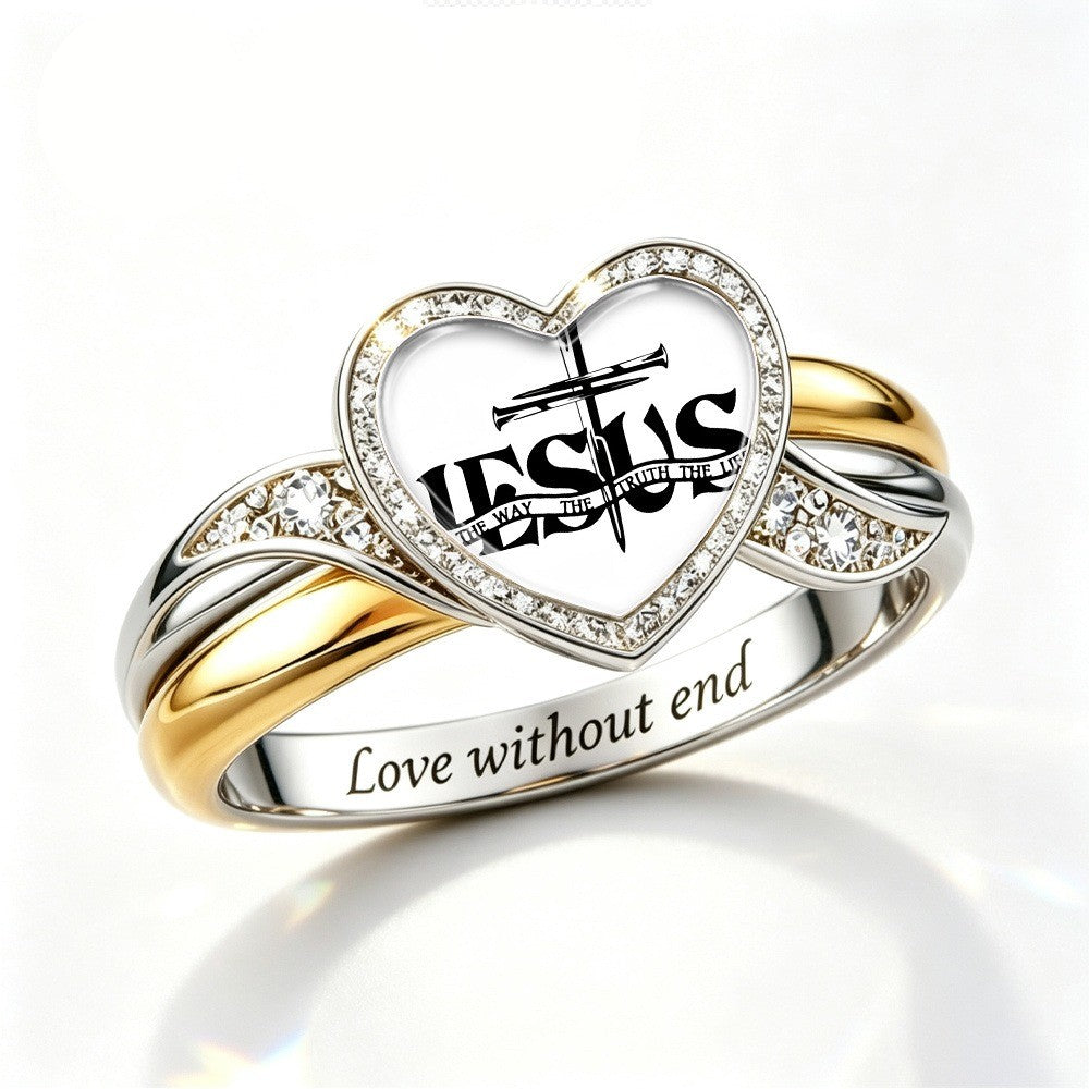 Jesus Cross Heart Glass Ring