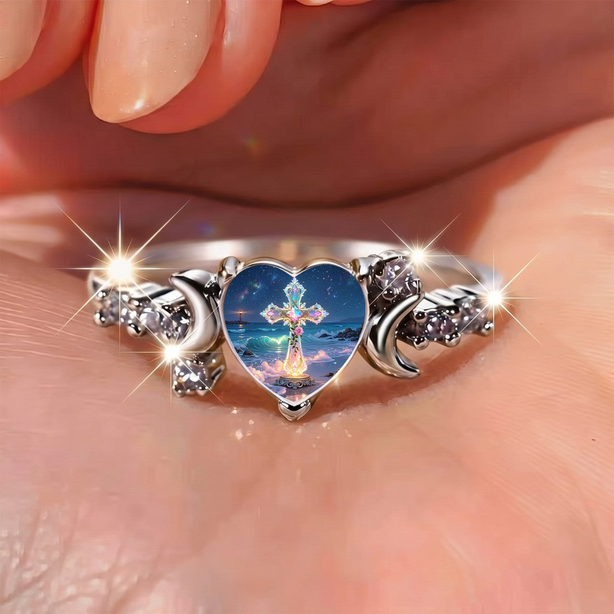Starry Night Cross Heart Ring