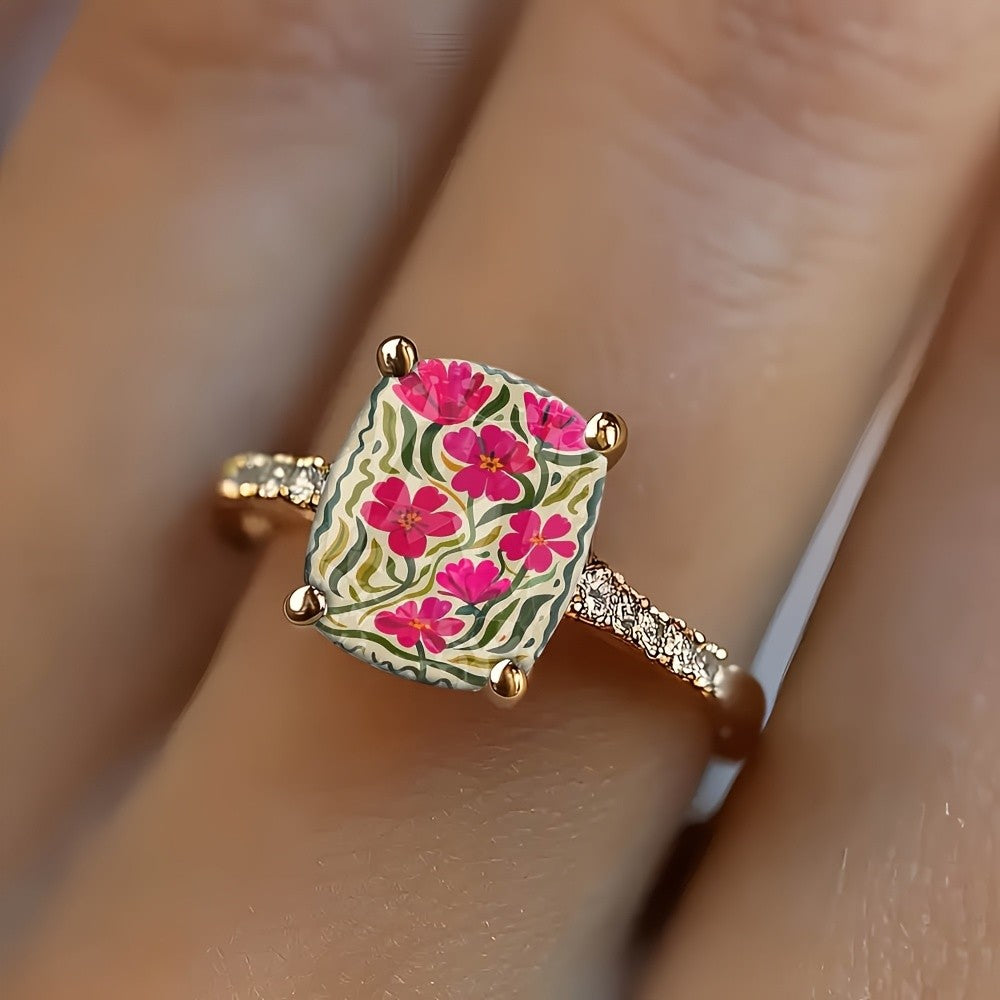 Pink Floral Square Ring
