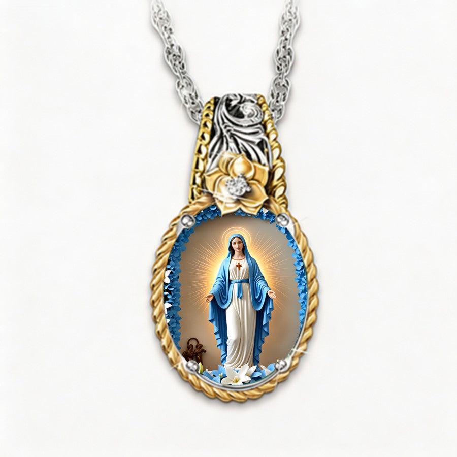 Blue Robe Virgin Mary Oval Pendant Necklace