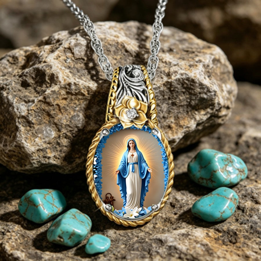 Blue Robe Virgin Mary Oval Pendant Necklace
