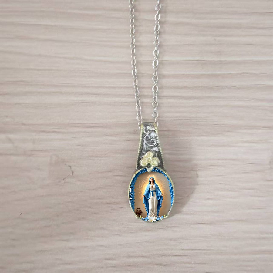 Blue Robe Virgin Mary Oval Pendant Necklace