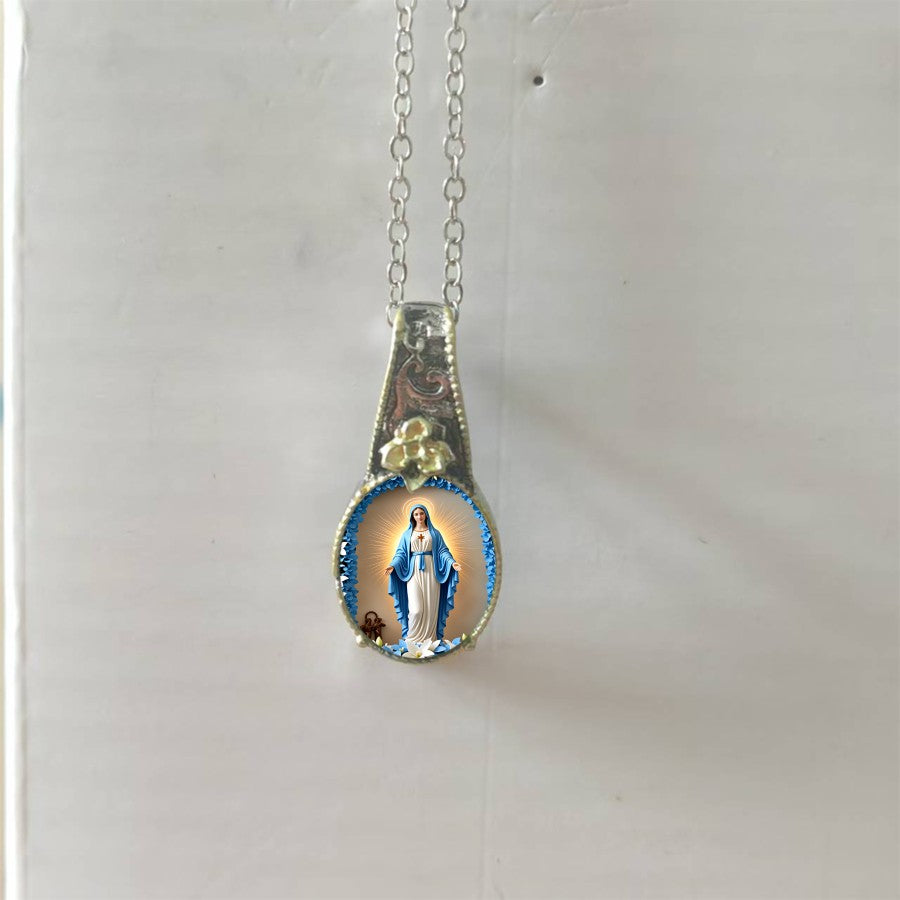 Blue Robe Virgin Mary Oval Pendant Necklace