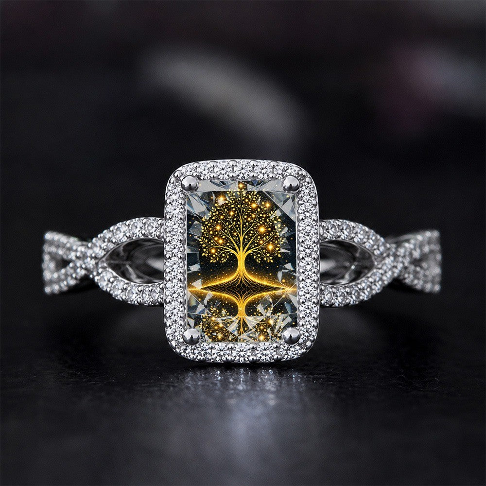 Golden Tree Reflection Square Ring