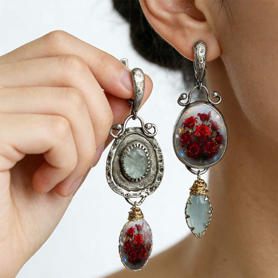 Floral & Stone Asymmetrical Earrings