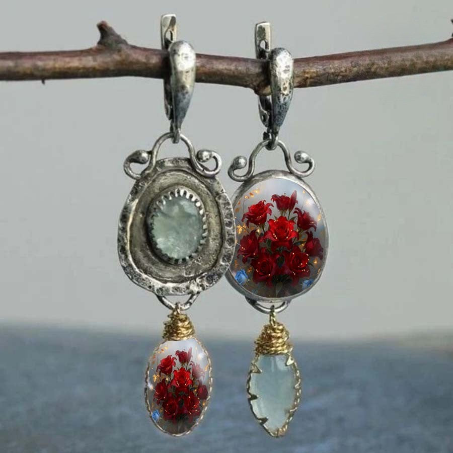 Floral & Stone Asymmetrical Earrings