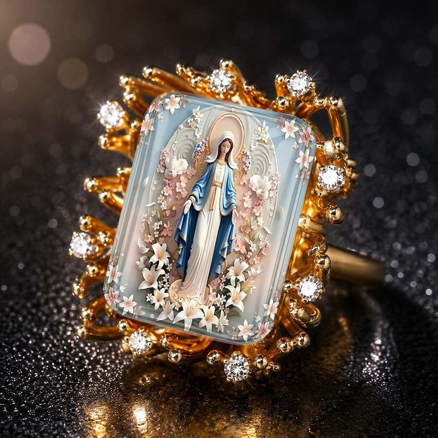 Floral Virgin Mary Square Ring