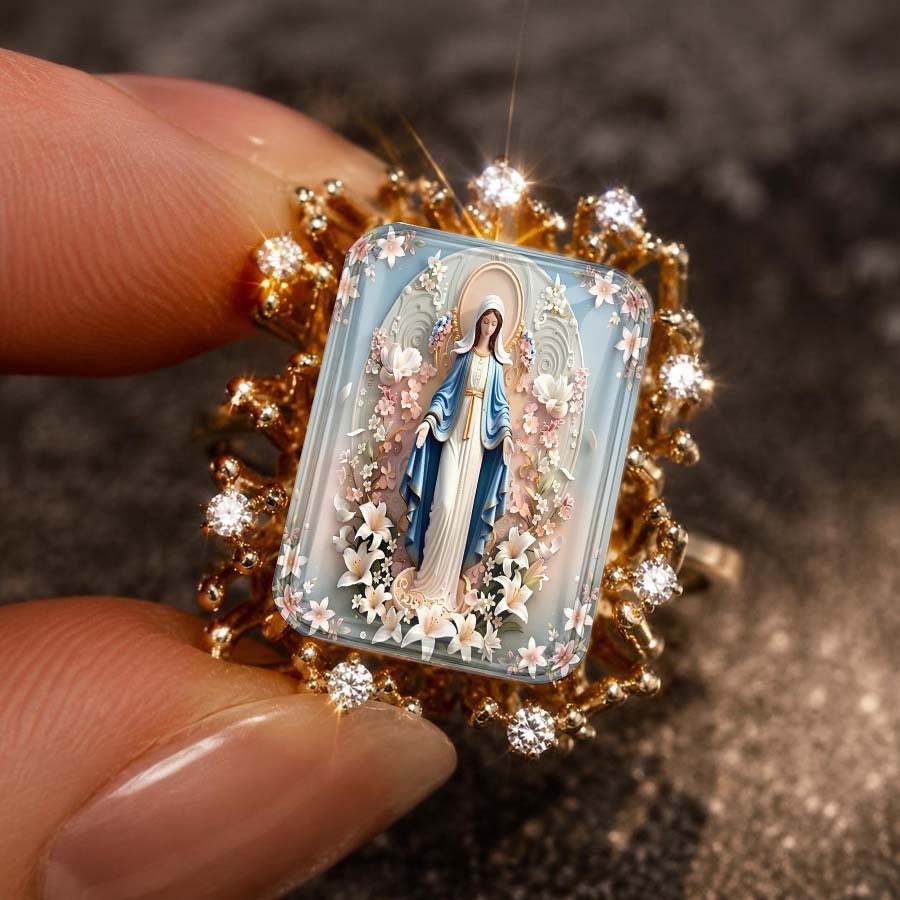 Floral Virgin Mary Square Ring