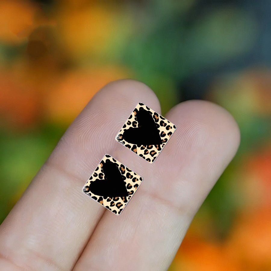 Leopard Print Heart Square Stud Earrings