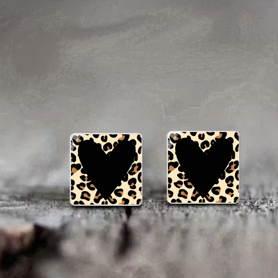 Leopard Print Heart Square Stud Earrings