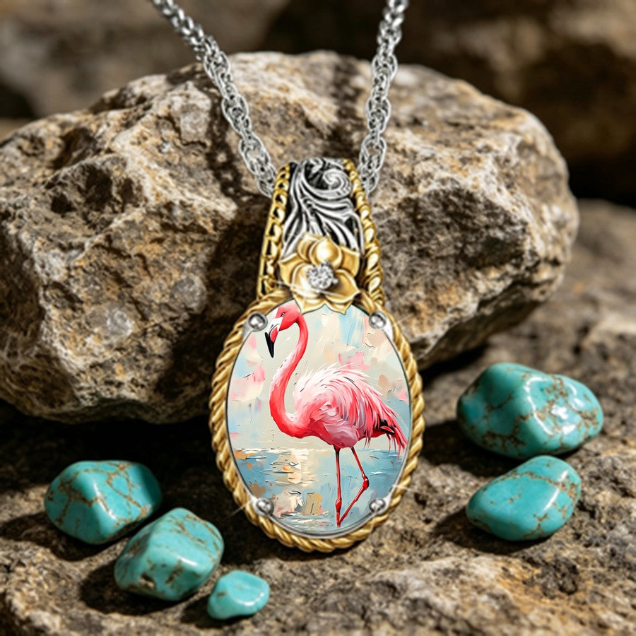 Pink Flamingo Glass Pendant Necklace