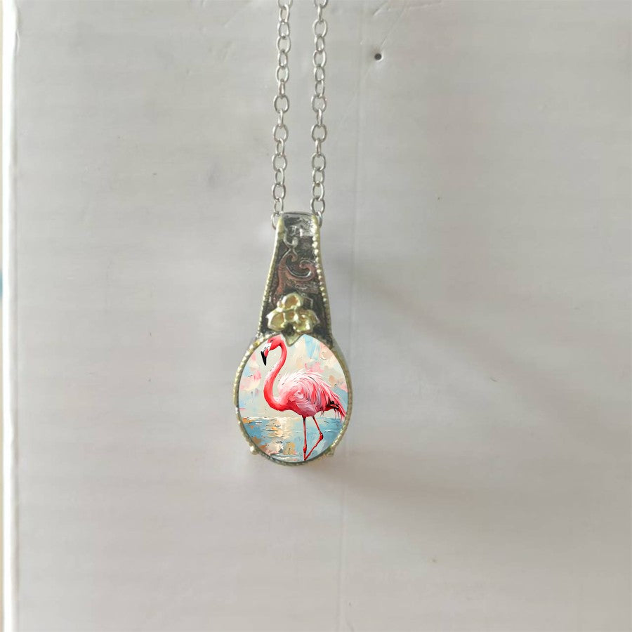 Pink Flamingo Glass Pendant Necklace