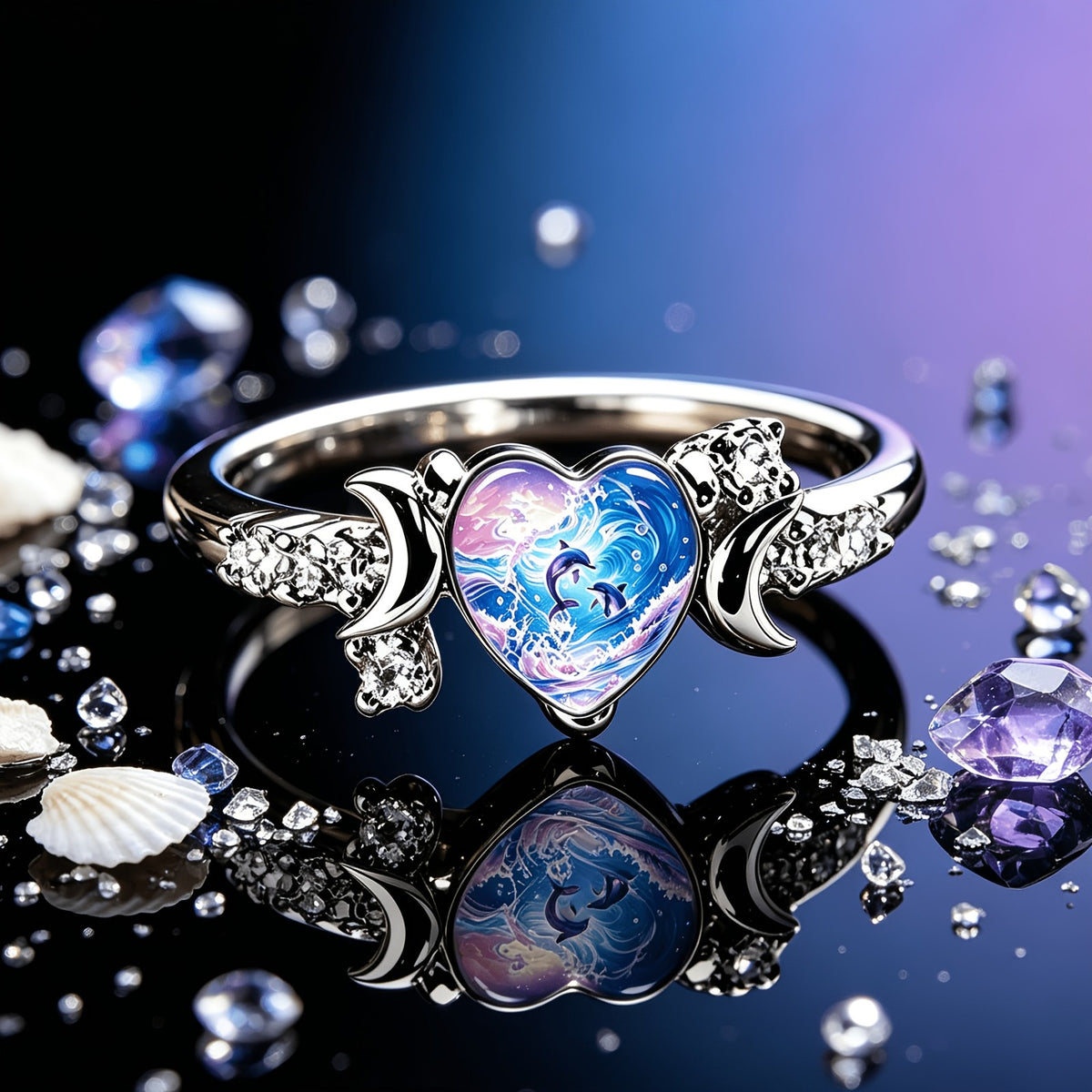 Ocean Dolphin Heart Ring