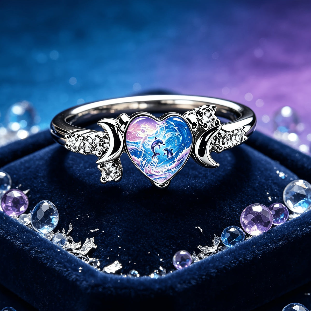 Ocean Dolphin Heart Ring