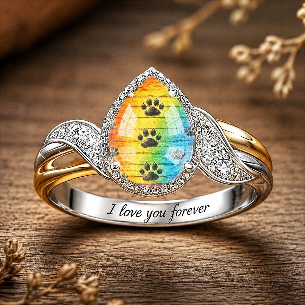 Rainbow Paw Print Teardrop Ring