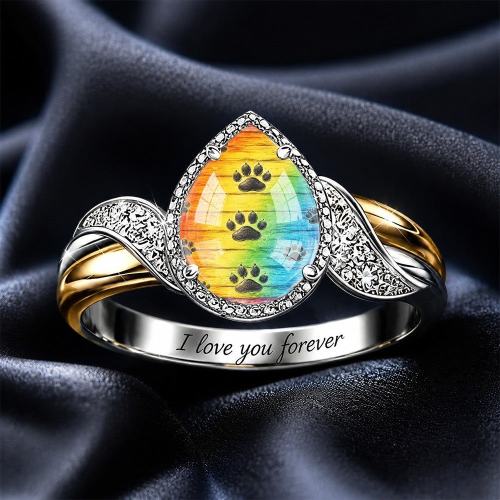 Rainbow Paw Print Teardrop Ring